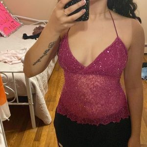 Y2k halter top,backless,magenta pink with beaded detailing, adjustable size 0-4